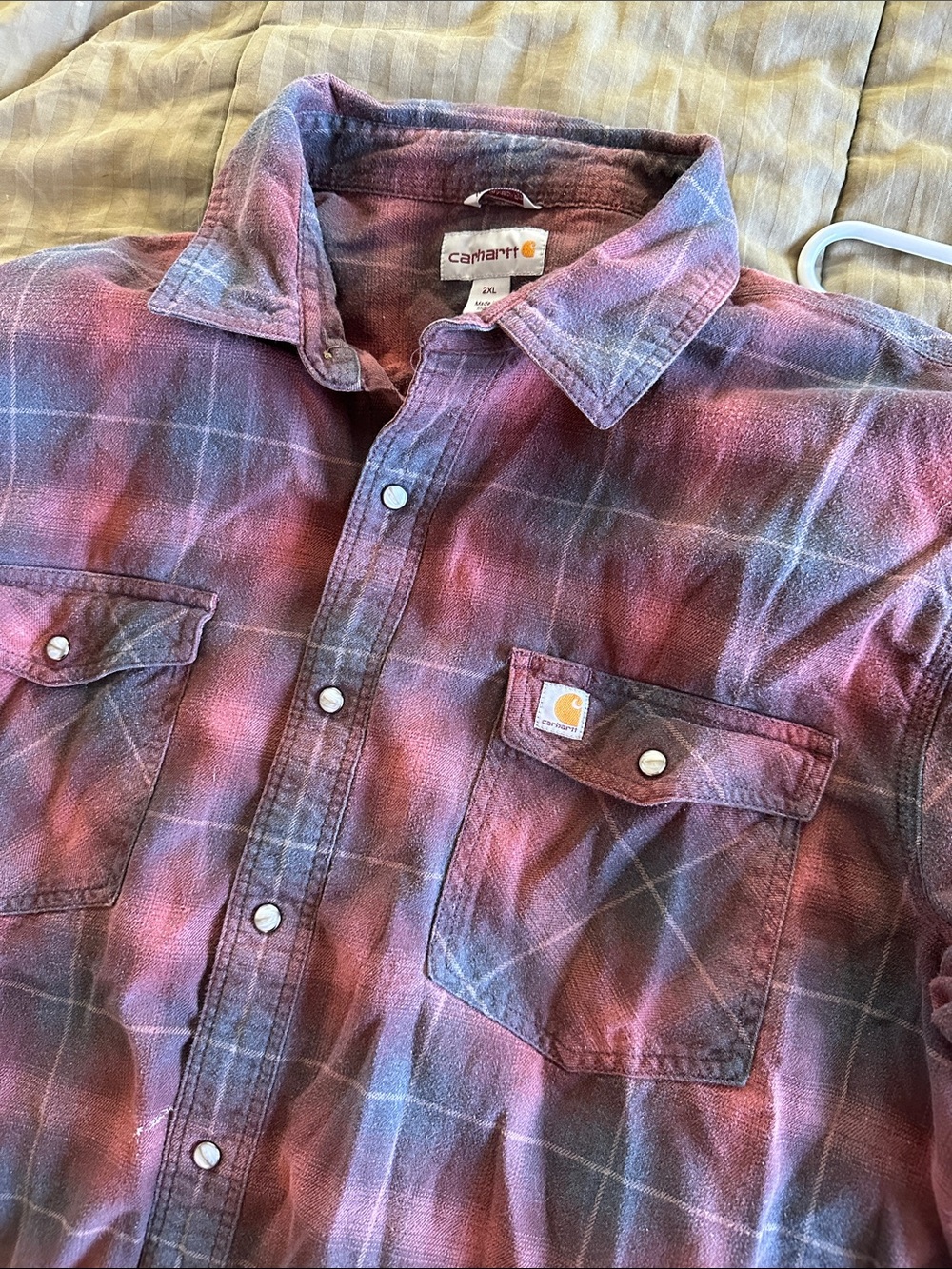 Carhartt Men’s Maroon and Blue Plaid Button-Front Shirt
